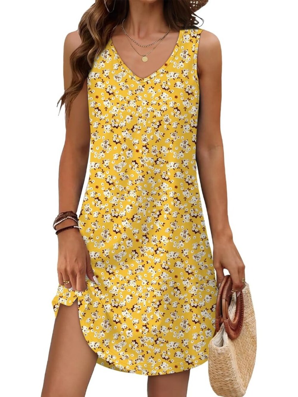 Women's Summer Dress Yellow V Neck Sleeveless Dress Sundresses Swimsuit Coverup